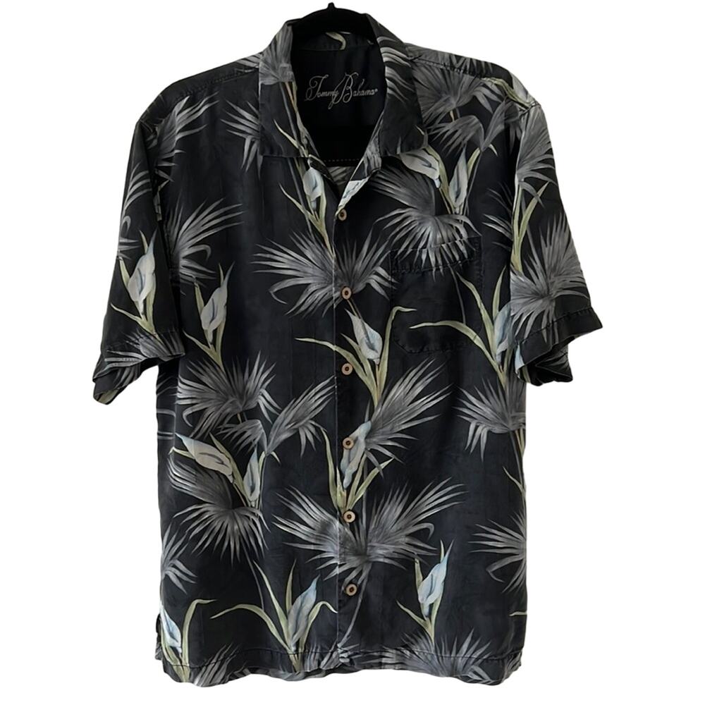 Tommy Bahama Silk Black Floral Print Hawaiian Shirt Men's Medium